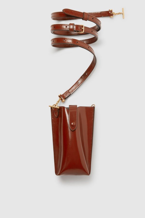 Burnt Tobacco Glossy Calfskin Minimalist Double Pouch Online Hot Sale