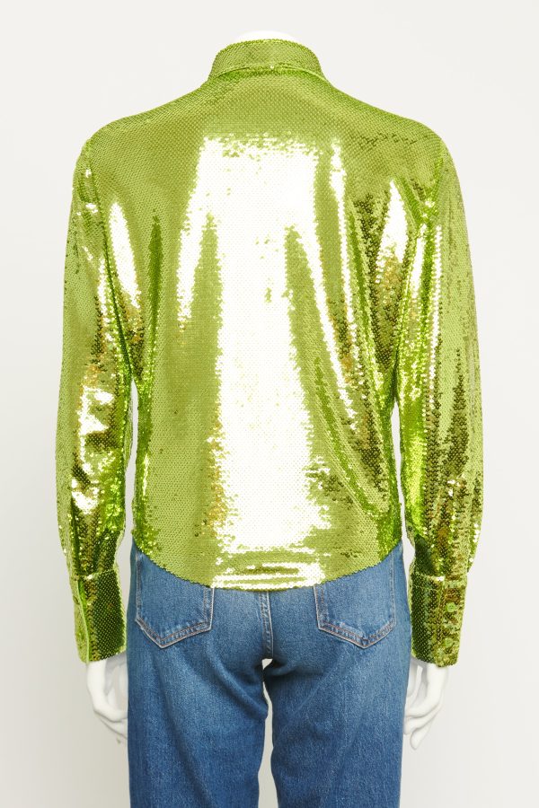 Metallic Green Sequin Preowned Blouse For Cheap