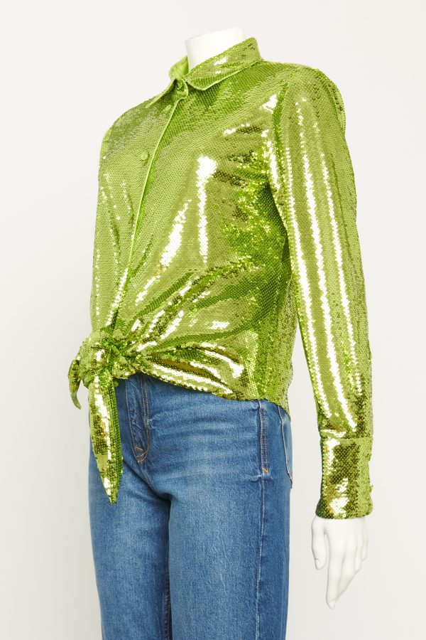 Metallic Green Sequin Preowned Blouse For Cheap