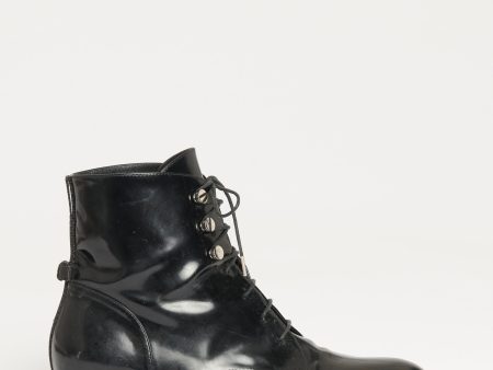 2017 Black Glazed Calfskin Preowned Lace Up Crystal Trimmed Boots Online Hot Sale