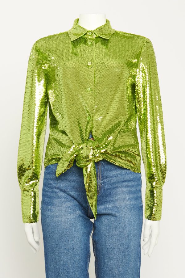 Metallic Green Sequin Preowned Blouse For Cheap