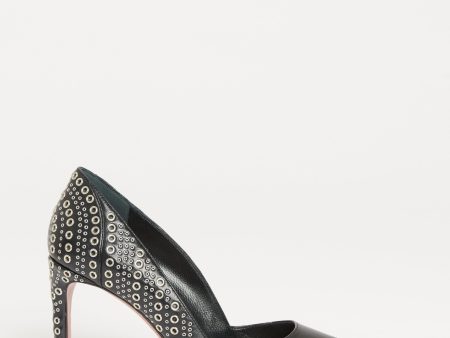 Black Leather Preowned Pointed Grommet Pointed Toe Pumps Online Sale