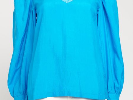 2017 Blue Silk Preowned Edwardian Style High Neck Embellished Blouse Supply