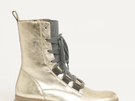 Gold Platino Leather Preowned Lace Up Chunky Boots Online Sale