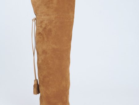 Tan Suede Calfskin Over The Knee Preowned Boots With Tassel Fashion