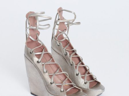 Pale Gold Leather Lace Up Preowned Wedge Sandals Hot on Sale