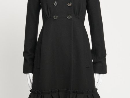 Black Wool Ruffle Preowned Dress Coat For Cheap