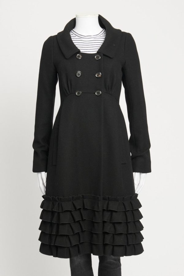 Black Wool Ruffle Preowned Dress Coat For Cheap