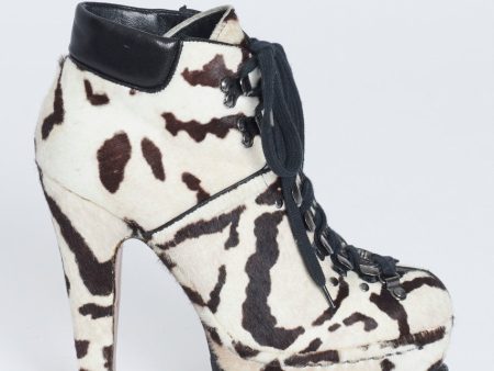 Cream and Brown Snow Leopard Calf Hair Heeled Preowned Hiking Boots Hot on Sale