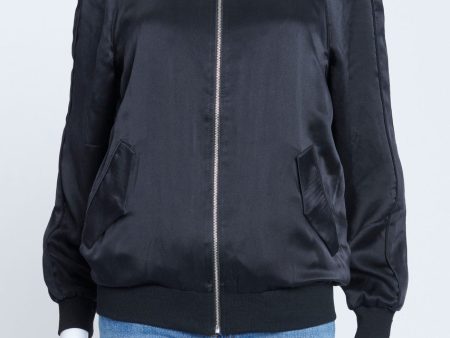 Black Silk Bomber Jacket With Silver Zip on Sale