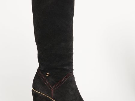 Black Suede Preowned High CC Wedge Boots Hot on Sale