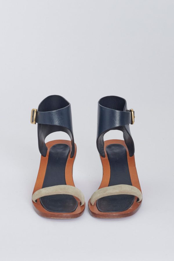 Navy Blue and Taupe Preowned Sandals with Block Heel Hot on Sale