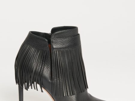 Black Leather Preowned Fringed Ankle Boots For Discount