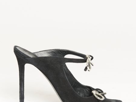 Black Suede Preowned Bow Peep-Toe Mules Online Hot Sale