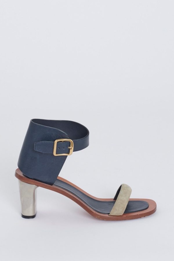 Navy Blue and Taupe Preowned Sandals with Block Heel Hot on Sale