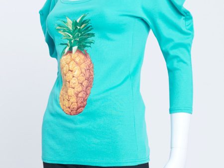 2001 Turquoise Cotton Scoop Neck Top With Pineapple Print And Exaggerated Sleeves Online Hot Sale