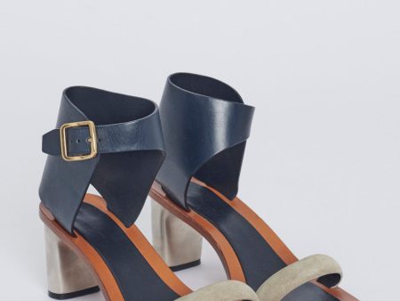 Navy Blue and Taupe Preowned Sandals with Block Heel Hot on Sale