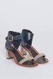 Navy Blue and Taupe Preowned Sandals with Block Heel Hot on Sale