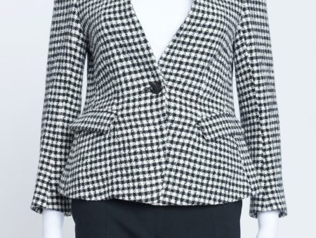 Black and White Wool Blend Tweed Collarless Preloved Short Jacket Fashion