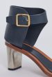 Navy Blue and Taupe Preowned Sandals with Block Heel Hot on Sale