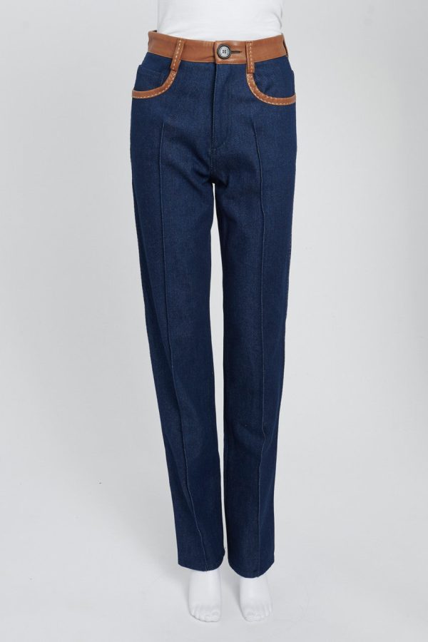 Indigo High-Waisted Jeans With Brown Leather Trim Online