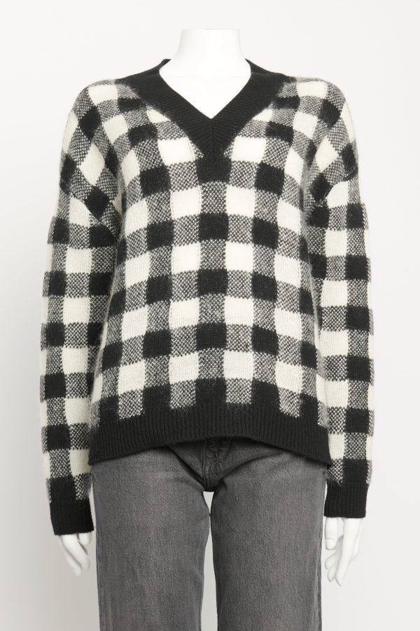 Monochrome Cashmere & Mohair Blend Preowned Check V-Neck Jumper Sale