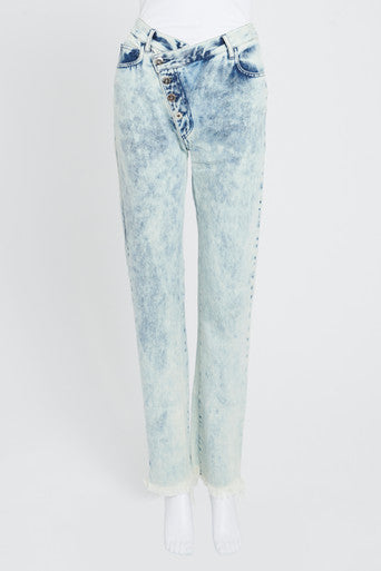 Blue Acid Wash Straight Leg Jeans With Stepped Waistband Discount