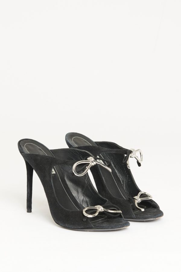 Black Suede Preowned Bow Peep-Toe Mules Online Hot Sale