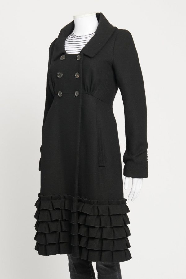 Black Wool Ruffle Preowned Dress Coat For Cheap