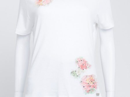 White Cotton T-shirt with Floral Appliques Fashion