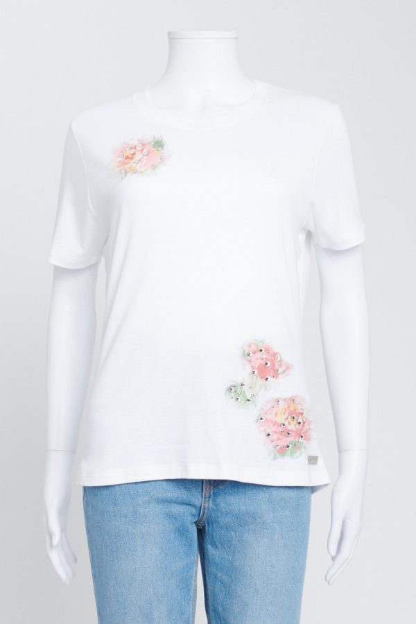 White Cotton T-shirt with Floral Appliques Fashion