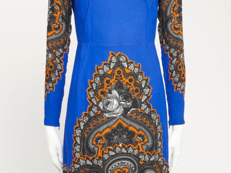 2012 Blue Viscose Preowned Printed Long Sleeved Knee-Length Dress For Sale