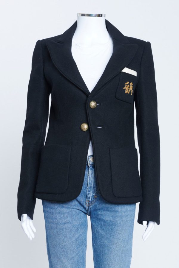 2007 Black Wool Blazer With Breast Pocket Embroidery And Gold Buttons For Sale