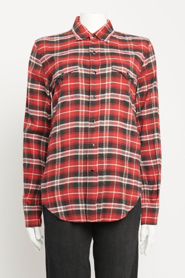 2018 Red & Black Viscose Blend Preowned Check Flannel Shirt For Sale