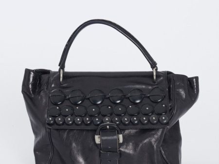 Black Leather Stud Applique Top Handle Preowned Bag Online Sale