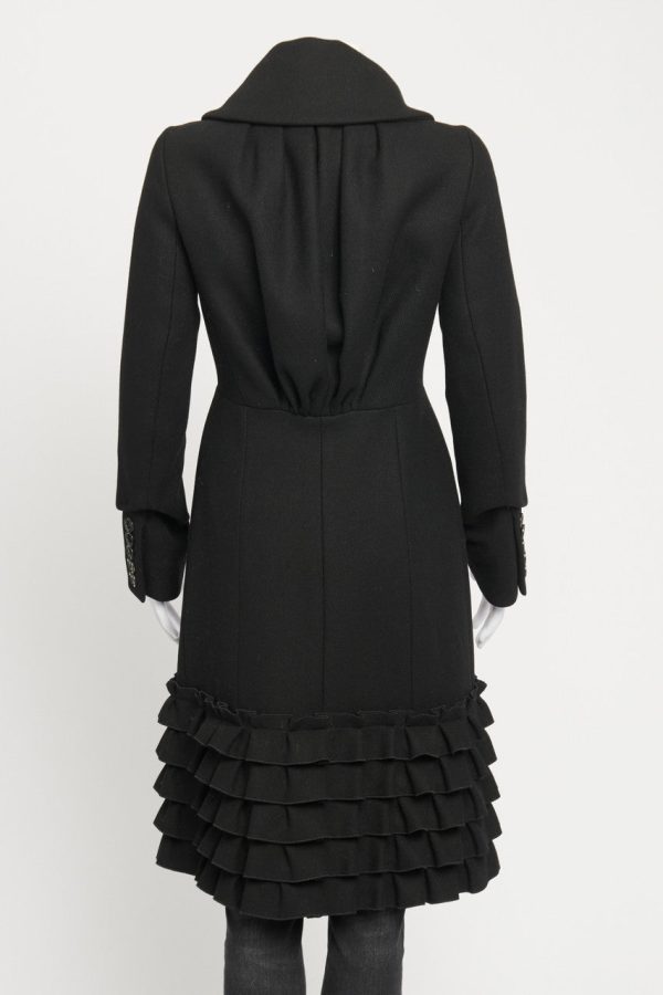 Black Wool Ruffle Preowned Dress Coat For Cheap