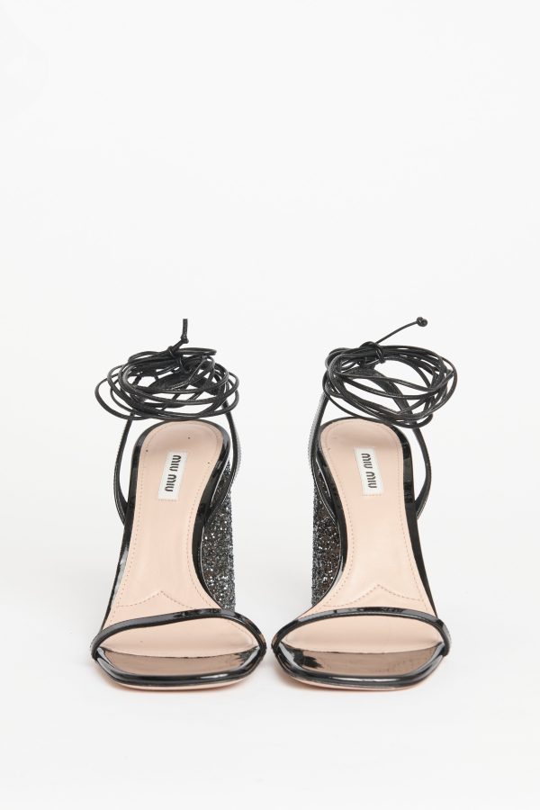 Black Patent Leather Preowned Lace Up Glitter Sandals Online Hot Sale