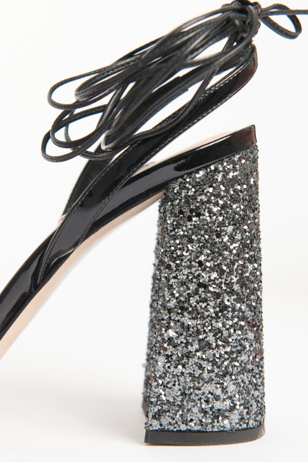 Black Patent Leather Preowned Lace Up Glitter Sandals Online Hot Sale